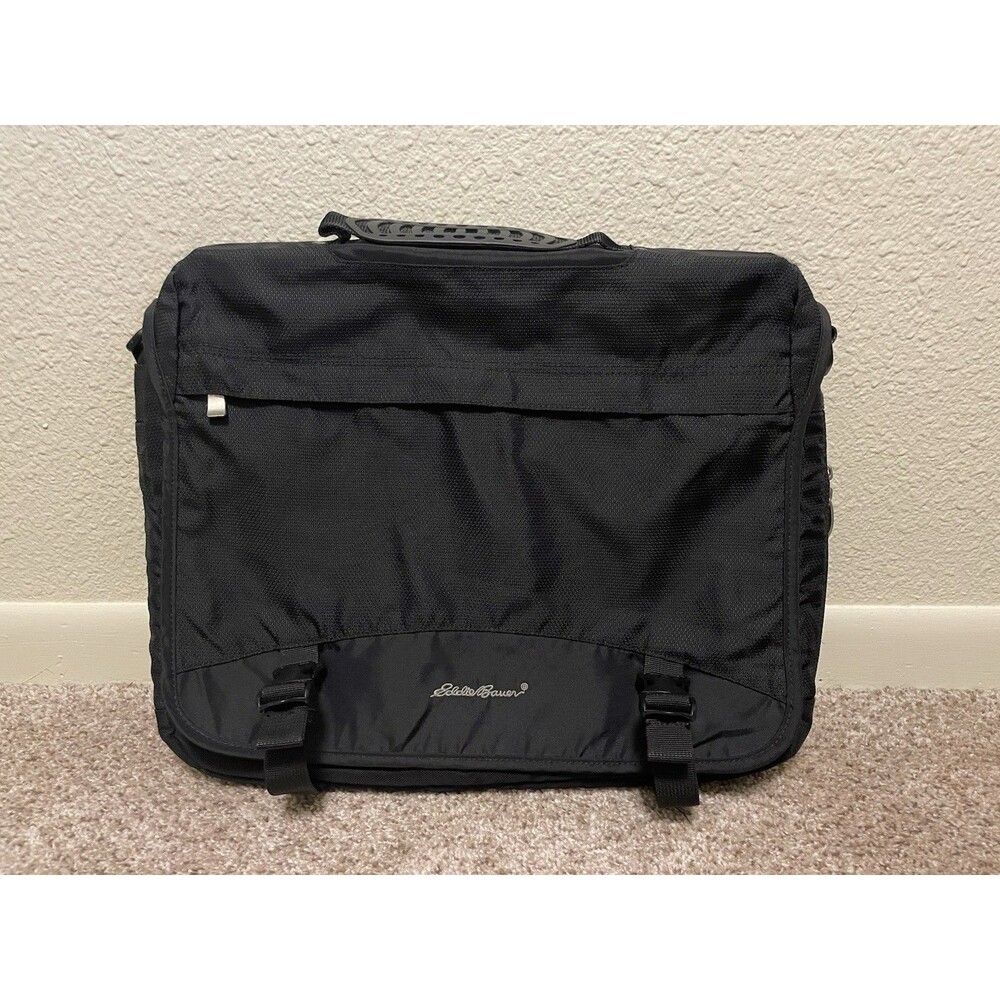 Eddie Bauer Black Messenger Bag Zip Buckle Shoulder Strap Outer Pockets